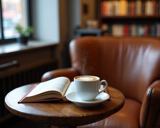 Gemütlicher Lesebereich mit Kaffeetasse und aufgeschlagenem Buch